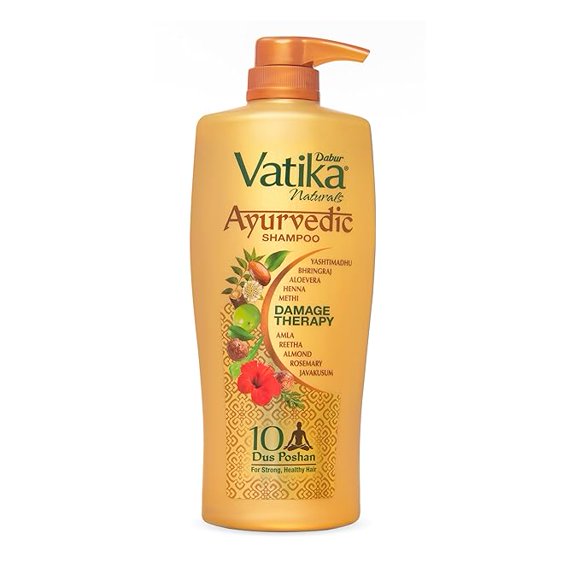 Dabur Vatika Shampooing Ayurvédique - 640 ml / Thérapie des Dommages / avec 10 Ingrédients pour Résoudre 10 Problèmes Capillaires / Sans Parabènes / pour Tous les types de Cheveux