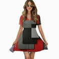 thumbnail image 2 of Vinatge Geometric Abstract Art Gray Black Red Women Dress V-Neck Short Sleeve Flowy Swing Party Midi Dress, 2 of 4