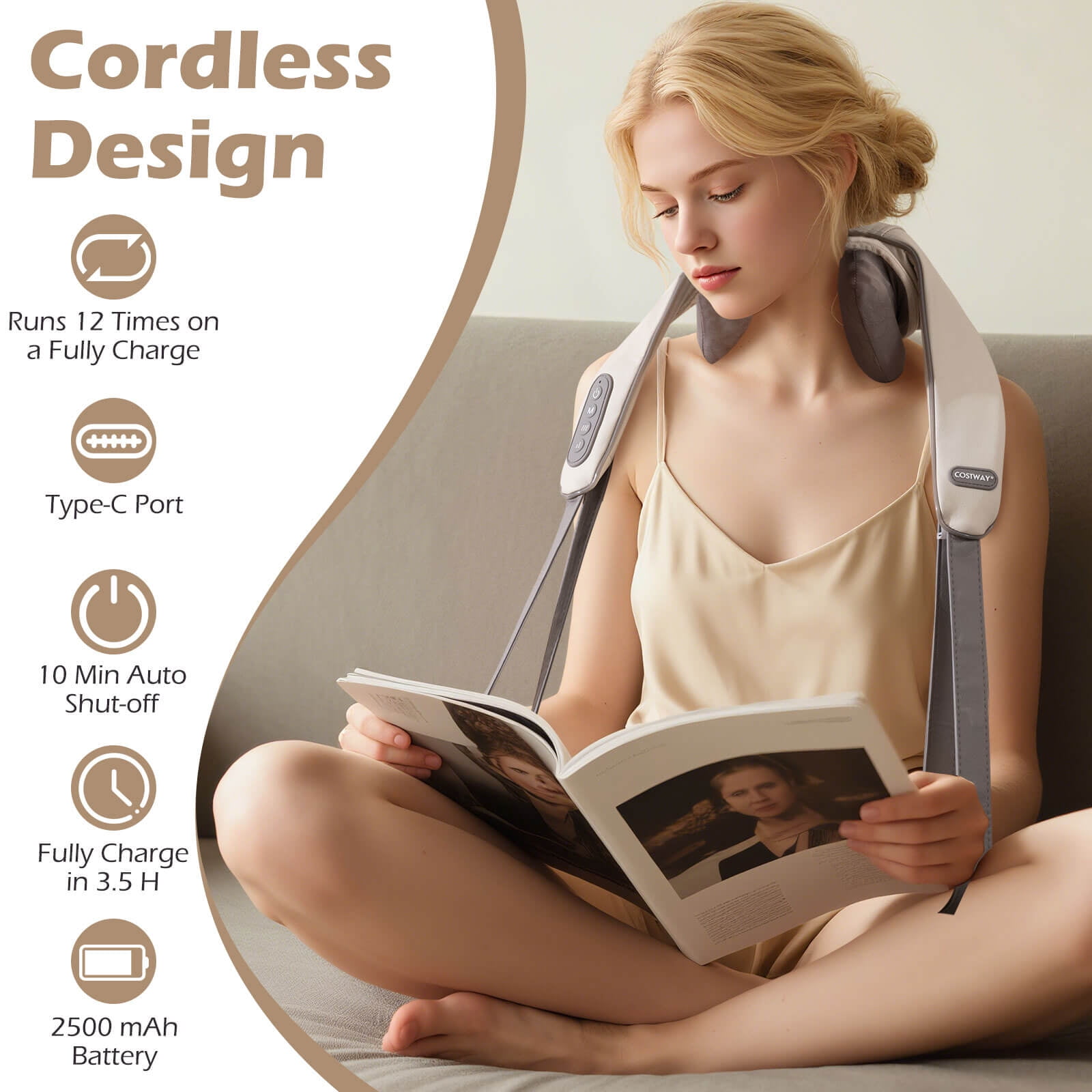 Costway Neck Shoulder Massager with 2 Heating Levels & Adjustable Intensity Beige