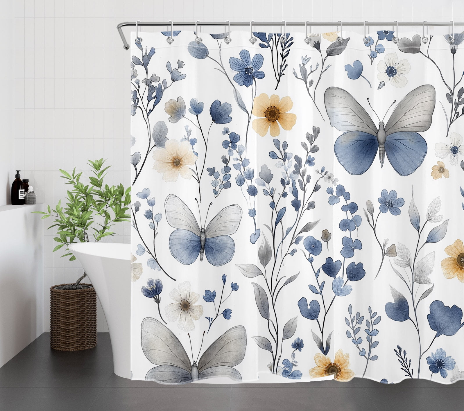Watercolor Flowers Shower Curtain Blue Butterfly Wild Plant Sketch Bathroom Shower Curtain Modern Painting Art Home Decor Waterproof Durable Shower Curtain Accessories with 12 Hooks 72x72 Inches