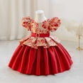 thumbnail image 4 of Delliss Girls Vintage Crew Neck Bubble Sleeve Trendy Princess Dress Red 18 Months, 4 of 6
