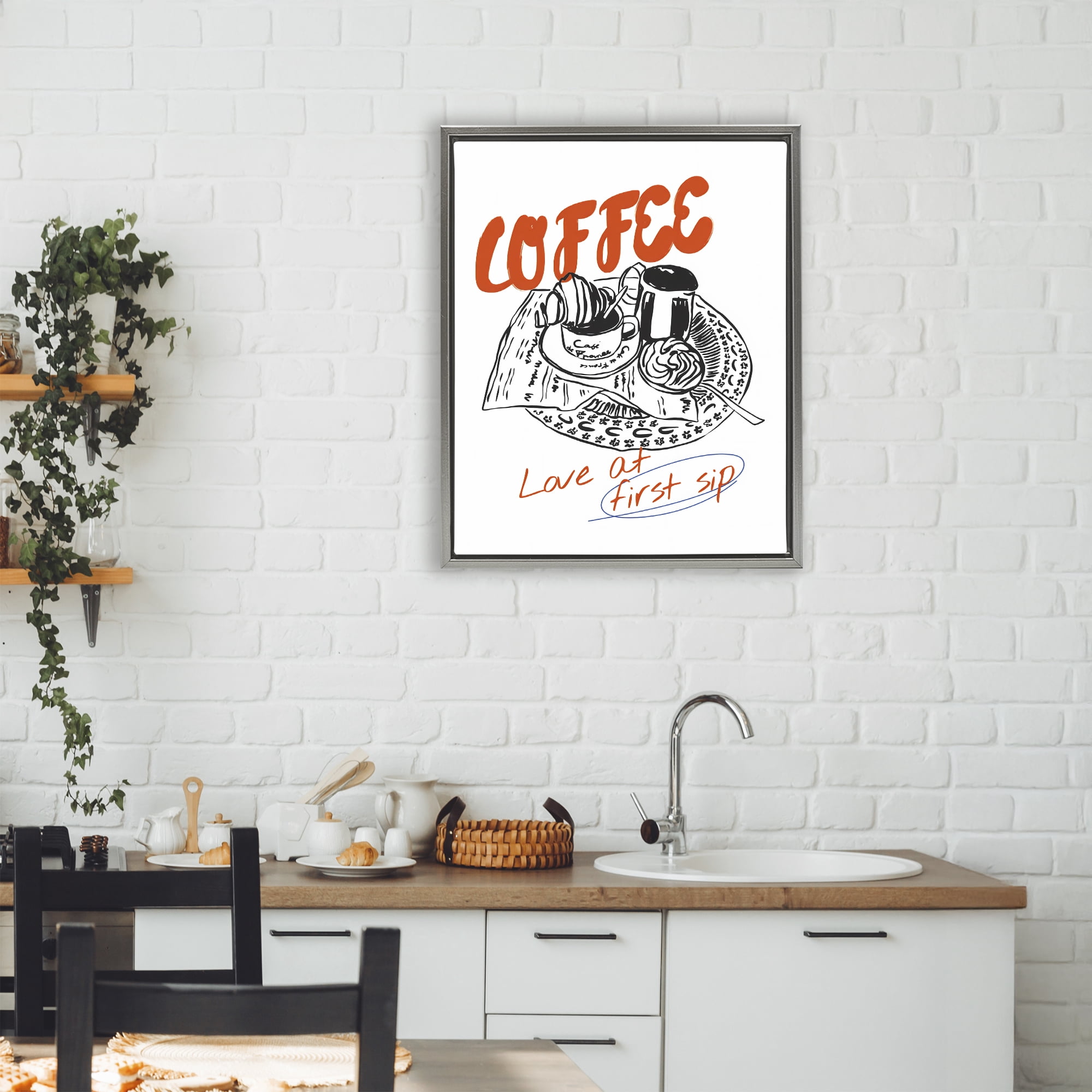 Stupell Industries Coffee Love At First Sip Gray Framed Floater Canvas Wall Art, design by The Prints Vibe