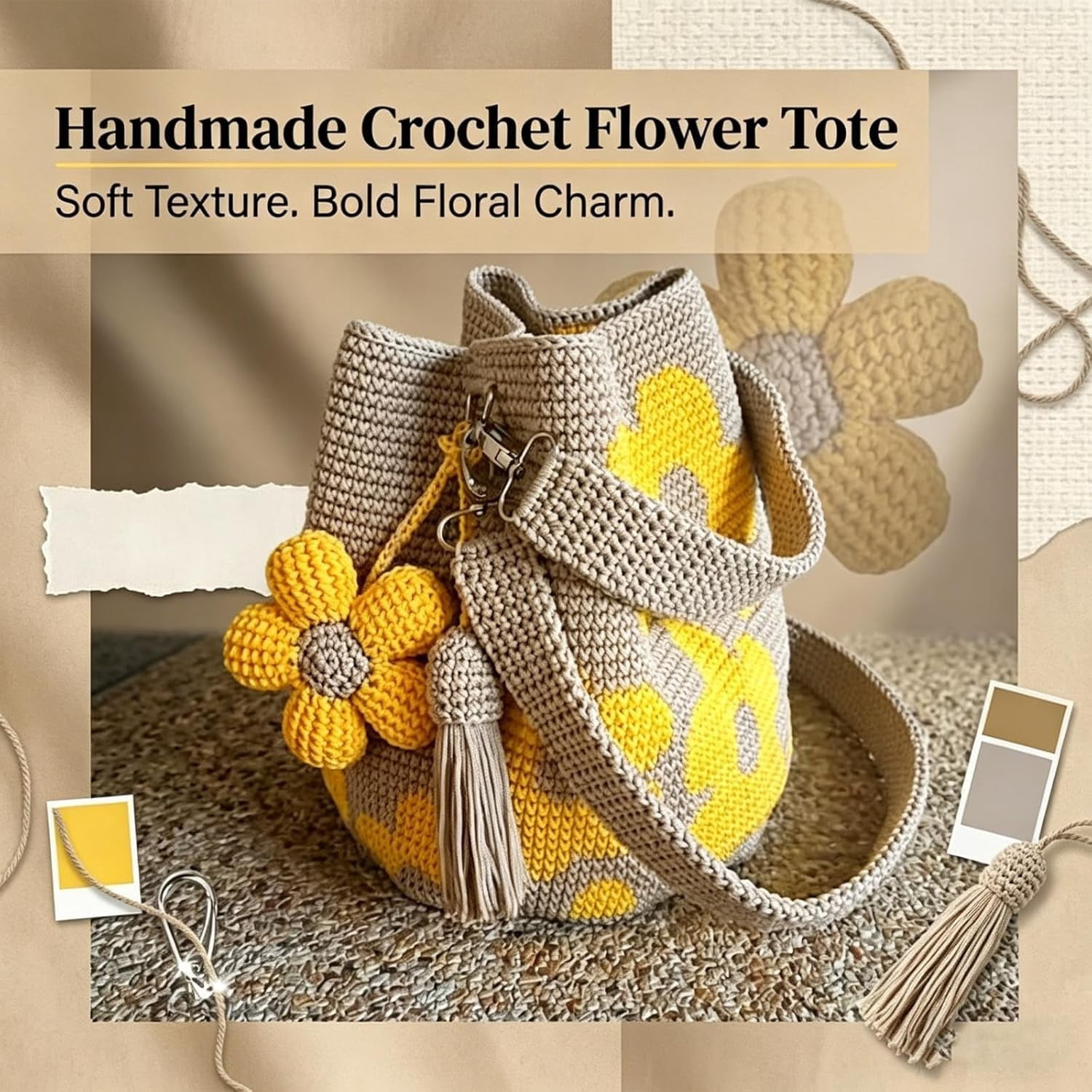 Handmade Crochet Flower Tote – Boho Floral Woven Shoulder Bag for Women, 3D Flower & Tassel Accents, Large Travel Purse