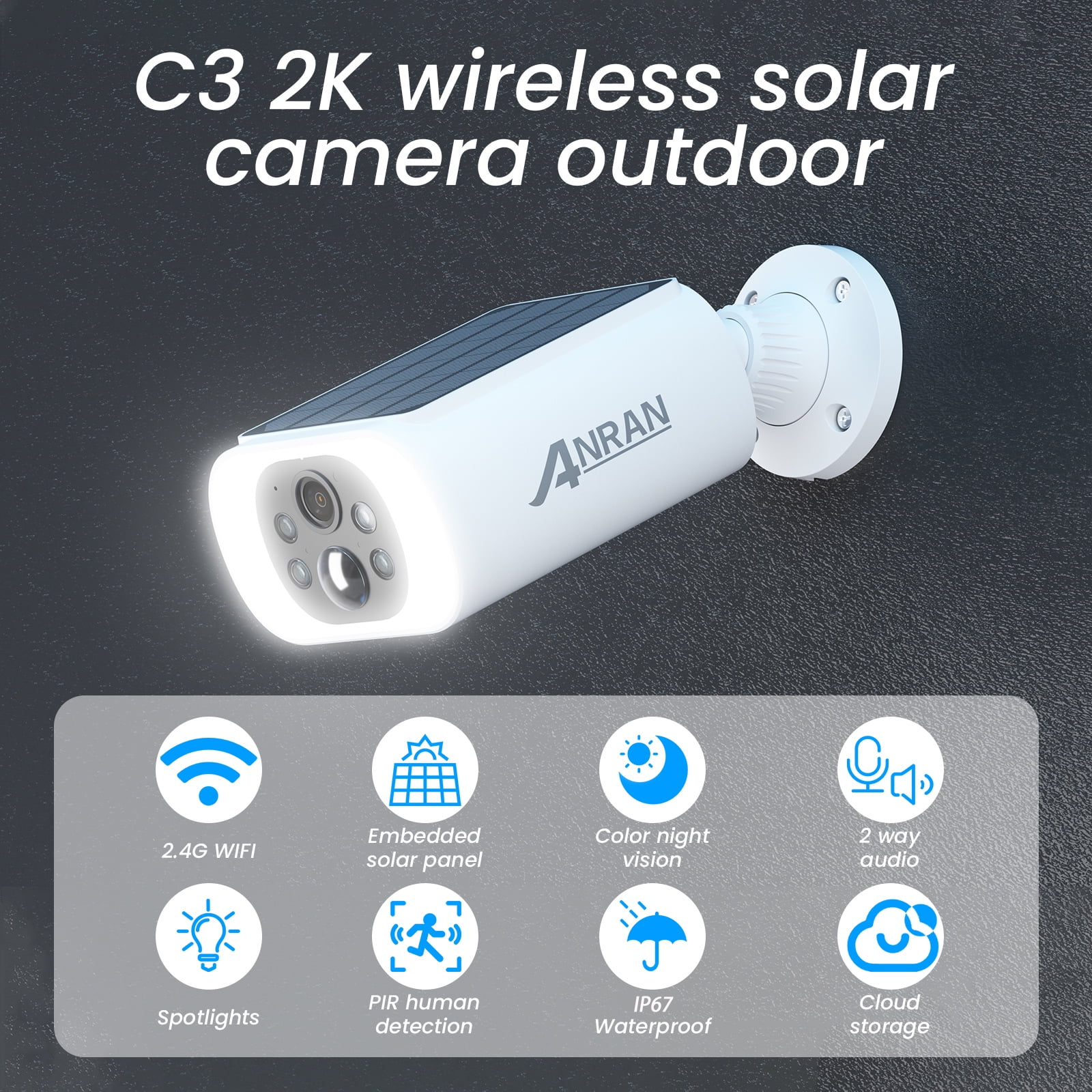 ANRAN Solar Security Cameras Wireless Outdoor, 2K WiFi Surveillance Camera for Home Security with Floodlight, Embedded Solar Panel, Color Night Vision, 2-Way Talk, Waterproof, Work with Alexa