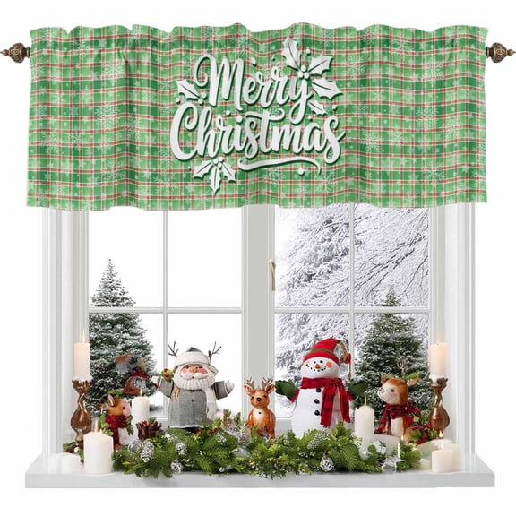 Merry Christmas Words Valances for Windows,Kitchen Valance Rod Pocket Short Curtain,Snowflakes on Green Red Plaid Valance Curtain Window Valances for Bedroom 54x18in