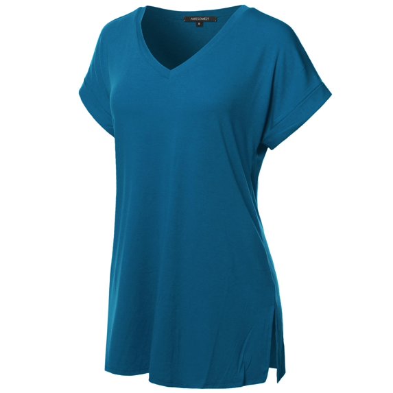 Women's Solid Rolled Up Short Sleeve Over-Sized V-Neck Tunic Top