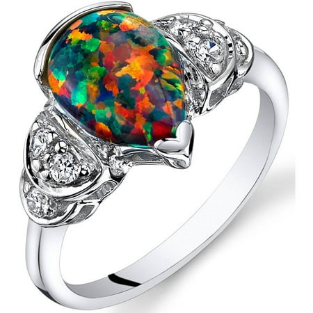 1.00 Carat T.G.W. Created Black Opal Engagement Ring in Rhodium-Plated Sterling Silver