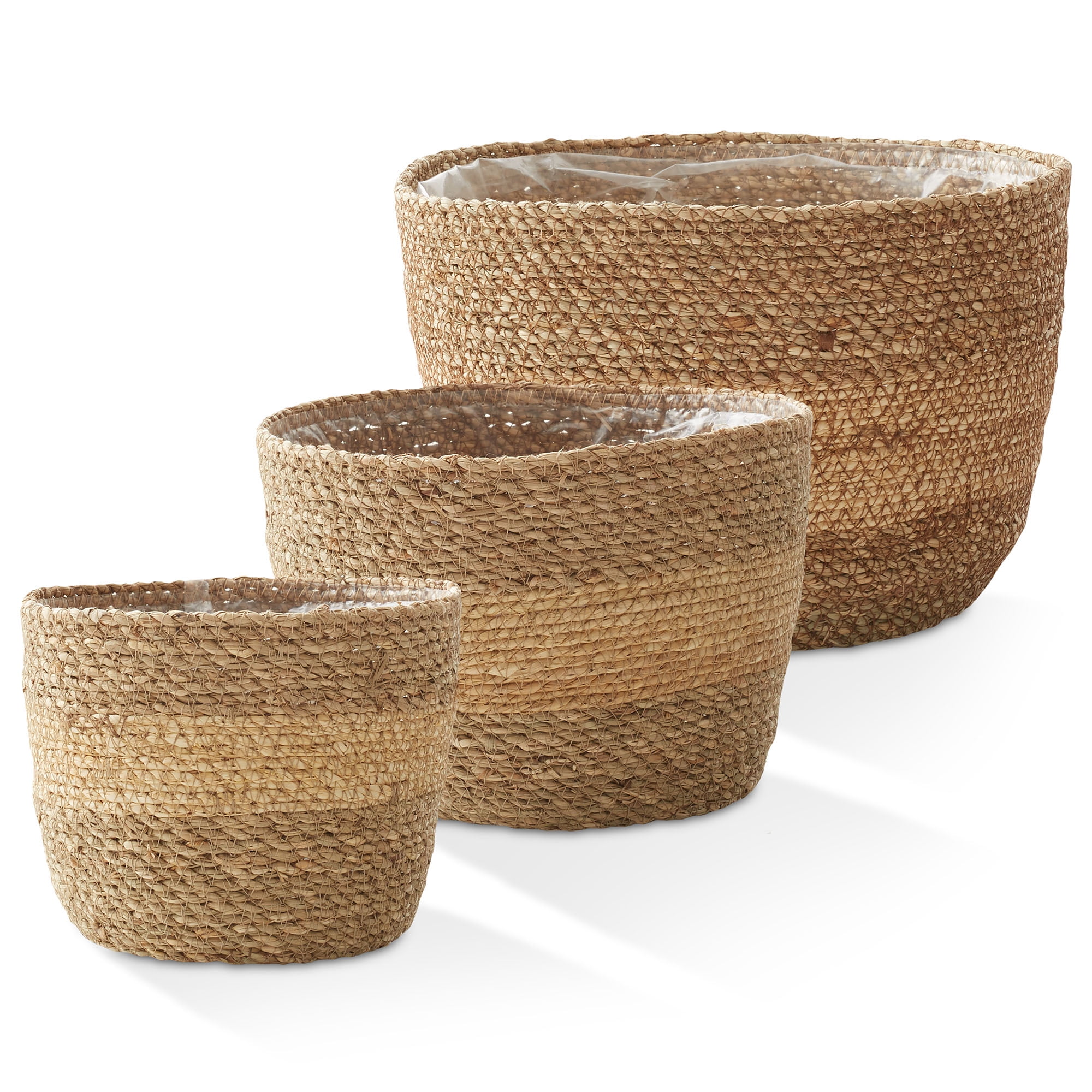 Casafield Set of 3 Seagrass Planter Baskets - Two-Tone, Hand Woven Indoor Flower Pot Covers with Liners for Plants, Succulents, Home Decor