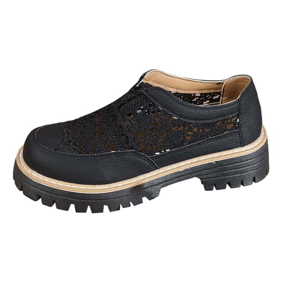Women's Casual Solid Color Low Heel Round Toe Hollow Weave Comfort Thick Sole Flats for Everyday Wear