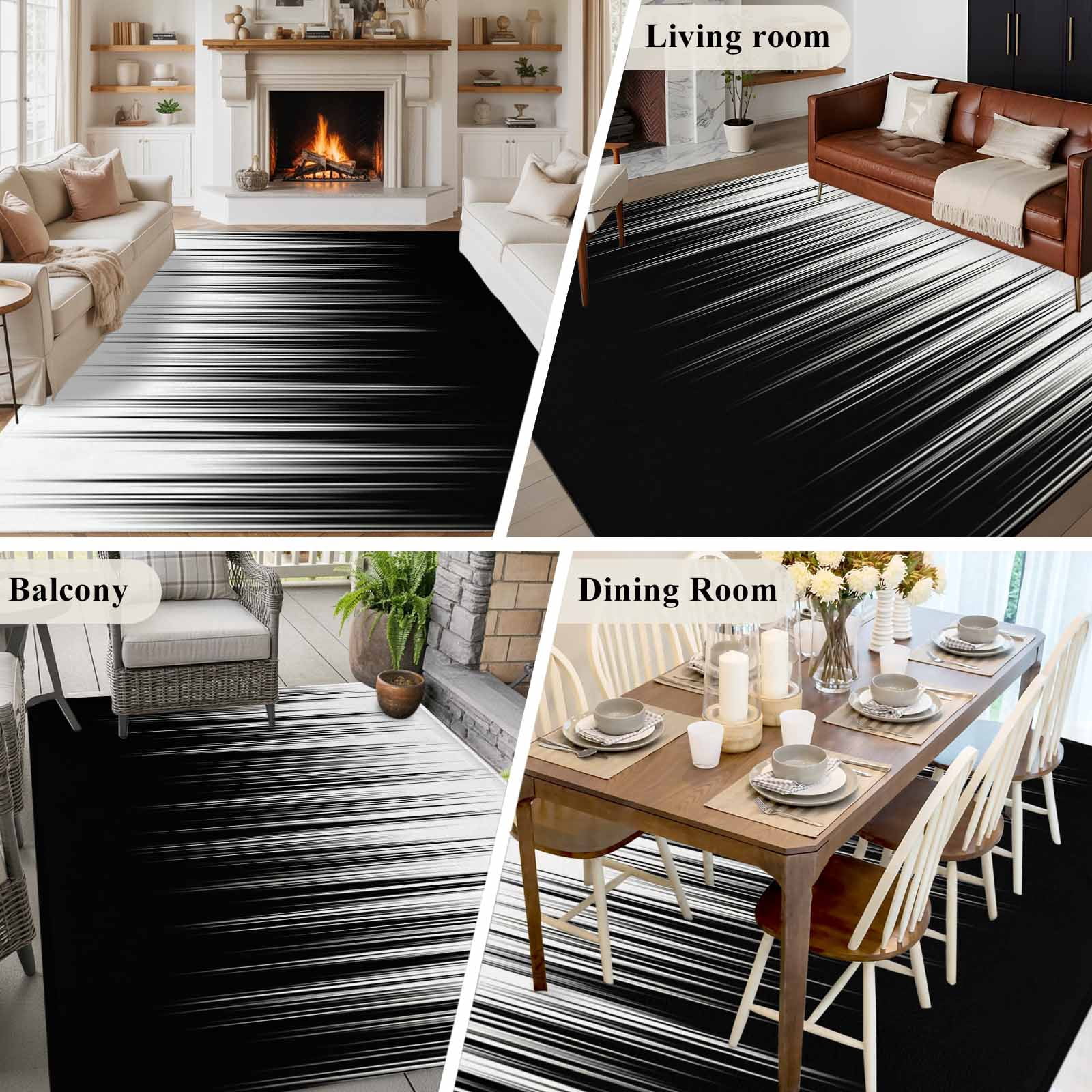 Rectangle Area Rugs 6 x 9 Ft, Black White Non-Slip Residential Carpet, Modern Geometric Abstract Gradient Striped Indoor Crawling Mats Runner Rugs for Living Room/Dining Room/Bedroom