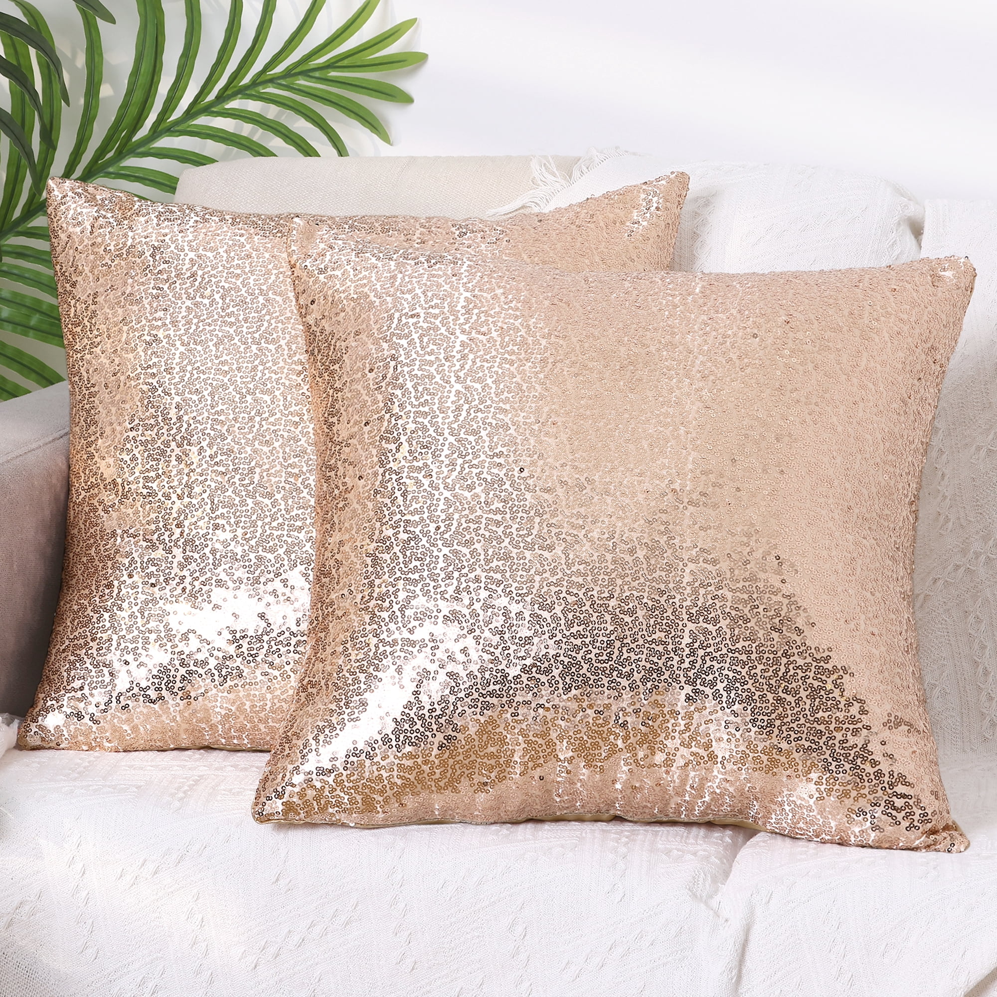 Unique Bargains Sequin Throw Pillow Covers 2 Glitter Decorative Pillow Cases Cushion Cover Rose Gold 16" x 16"