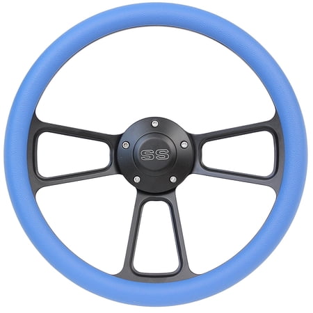 5-bolt Black Steering Wheel 14 Inch Aluminum with Sky Blue Vinyl Wrap and SS Horn Button