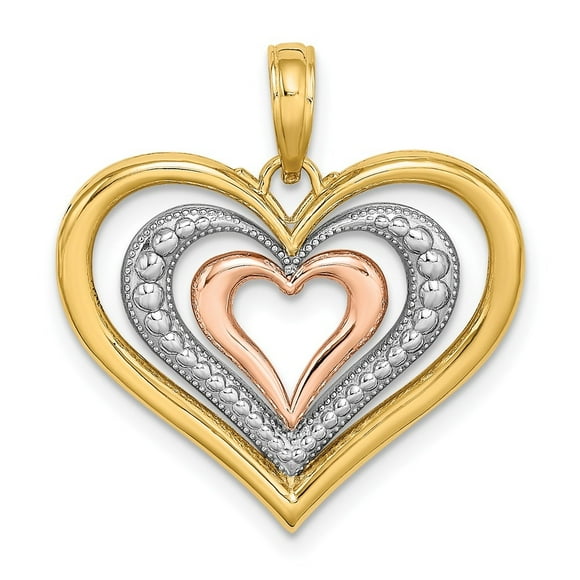 Diamond2Deal 14K Two-tone Gold White Rhodium Textured and Polished Triple Hearts Charm for Women (L -0.97 inch, W - 0.88 inch)