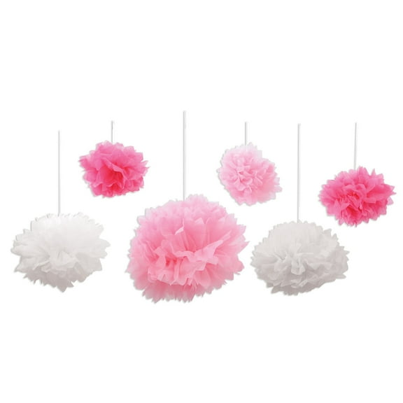 Party Central Pack of 6 Baby Pink and White Pom Pom Tissue Fluff Balls Decors 10.5"