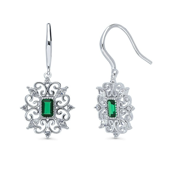BERRICLE Sterling Silver Vintage Inspired Art Deco Green Cubic Zirconia CZ Filigree Fish Hook Dangle Drop Earrings for Women, Rhodium Plated