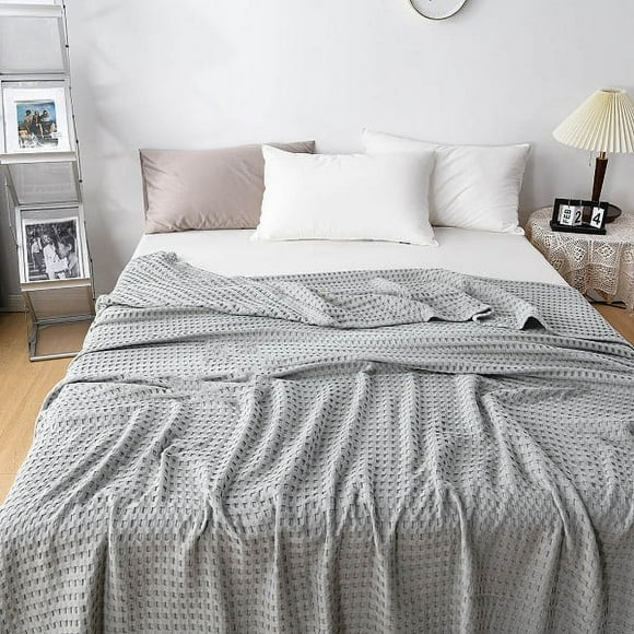 PREWOOD 100% Cotton Waffle Weave Blanket King Size,Cotton Bed Blanket Soft Boho Bedding Lightweight Breathable Twin Blanket All Season Gauze Blanket Silver