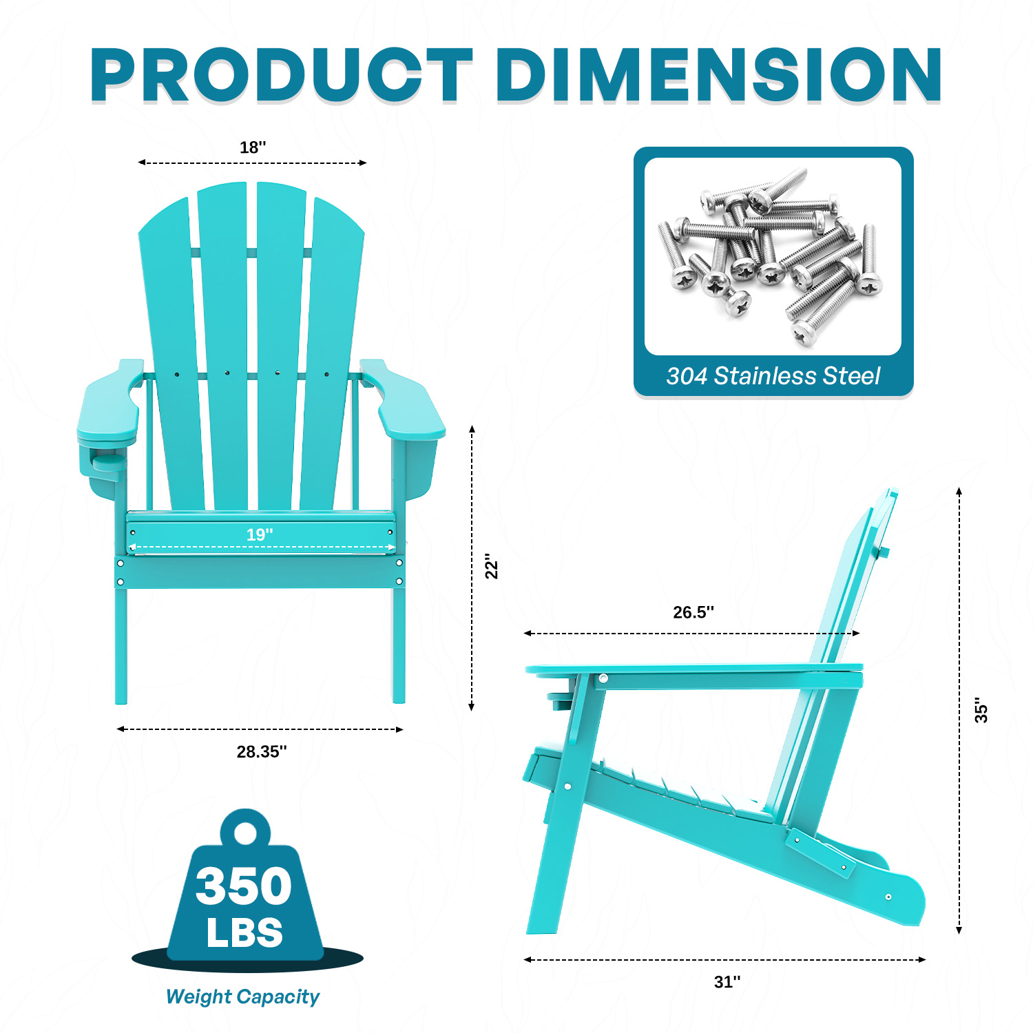 FURRYFECTION Folding Adirondack Chair Set of 2 with Cup Holder,All-Weather HDPE Outdoor Fir Pit Chairs for Patio Garden Backyard,Aqua