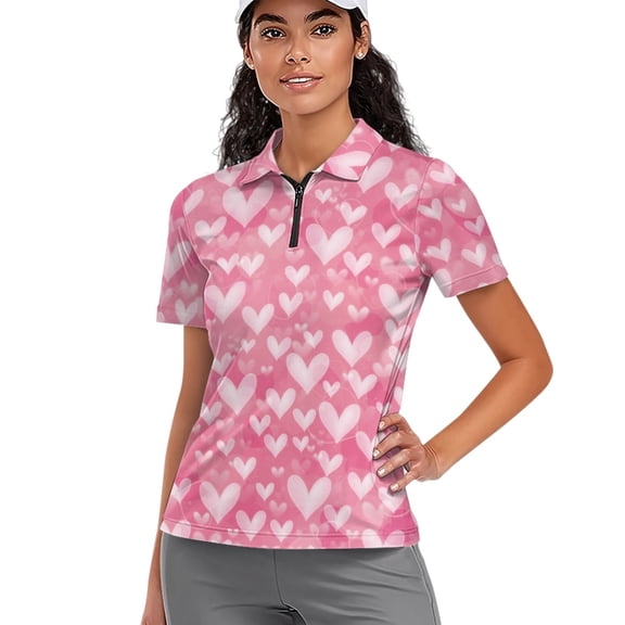 Whosucclay Heart Pattern Design Polo Shirts, V Neck Stretch Quick Dry Golf Shirt for Tennis Outdoor Activities Fitness Breathable Size Large