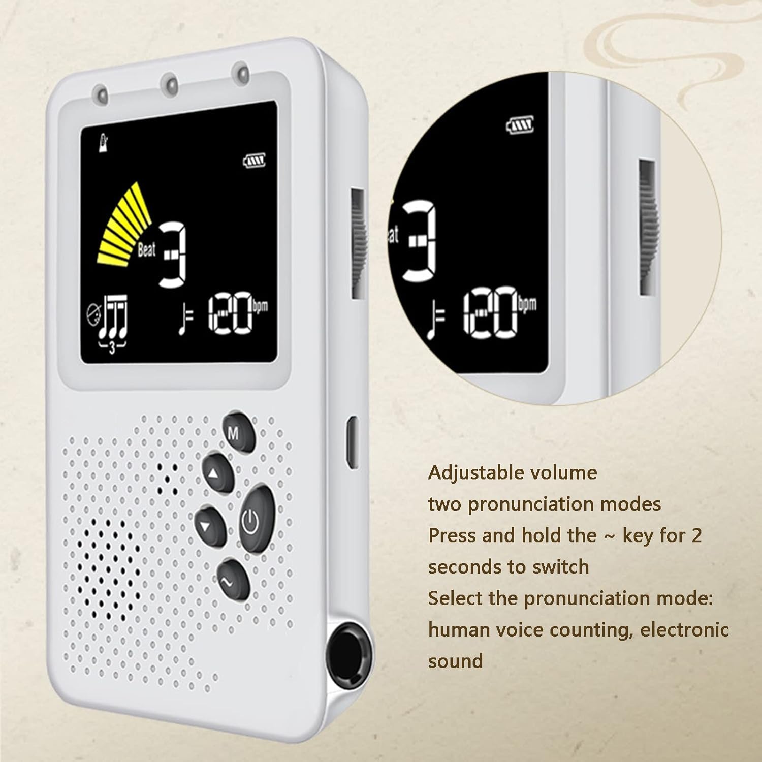 Metronome Tuner, Digital Metronome Tuner Tone Generator with Human Voice Beat, Rechargeable Tuner for All Instruments - Guitar, Bass, Violin, Ukulele Chromatic
