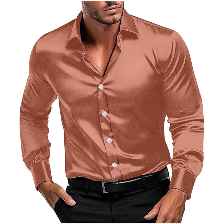 Men's Luxury Shiny Silk Like Satin Dress Shirt Long Sleeve Casual Slim Fit  Muscle Button Up Shirts Rose Gold M - Walmart.com