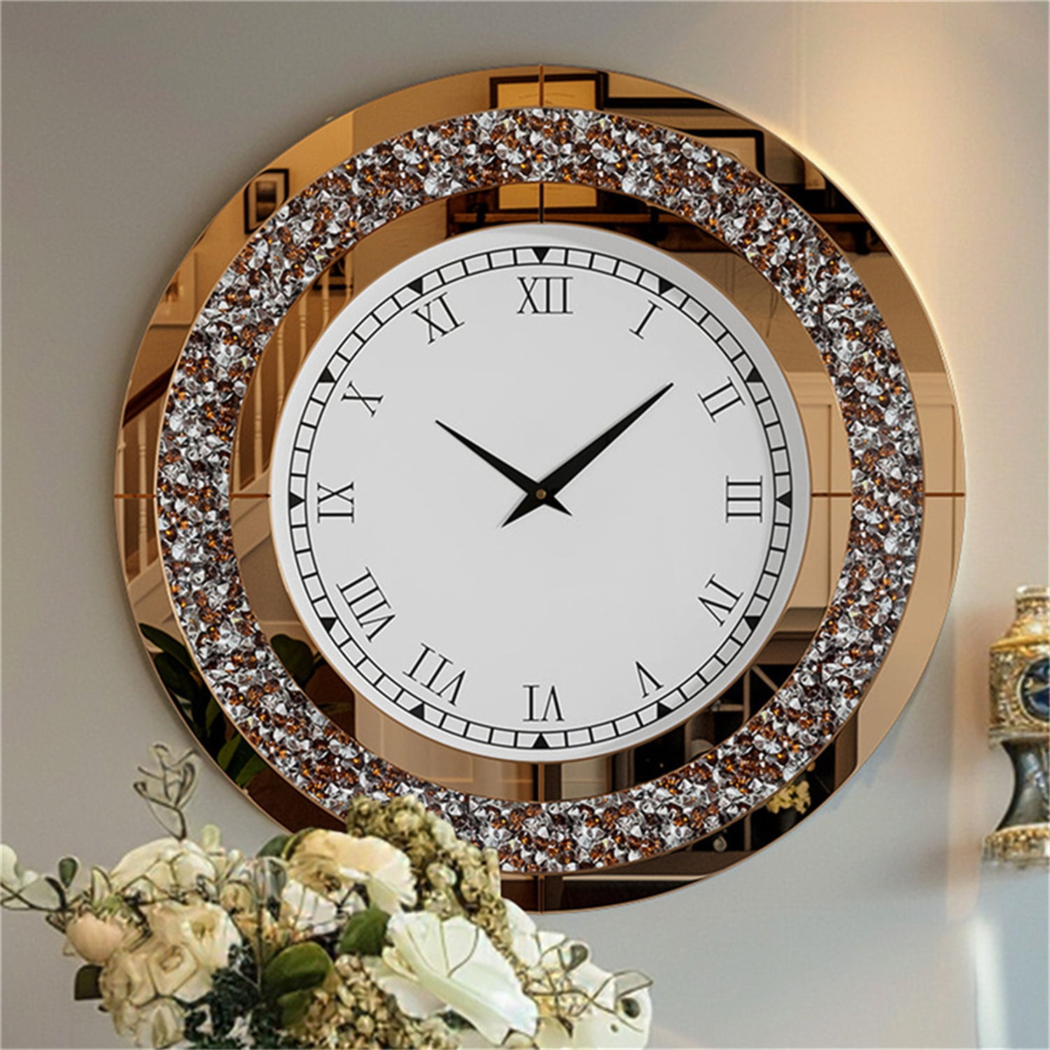 LUVODI 24 inch Rround Crushed Diamond Wall Clock Silver Beveled Mirrored Clock for Wall Living Room Decor