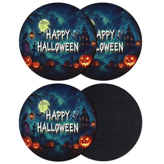 Halloween Coasters Set of 4, Absorbent Coasters for Drinks, Blue Spooky Pumpkin Ghost Moonlight Castle Coaster for Desk Coffee Table Protection, Home Decor House Warming Gifts 4"