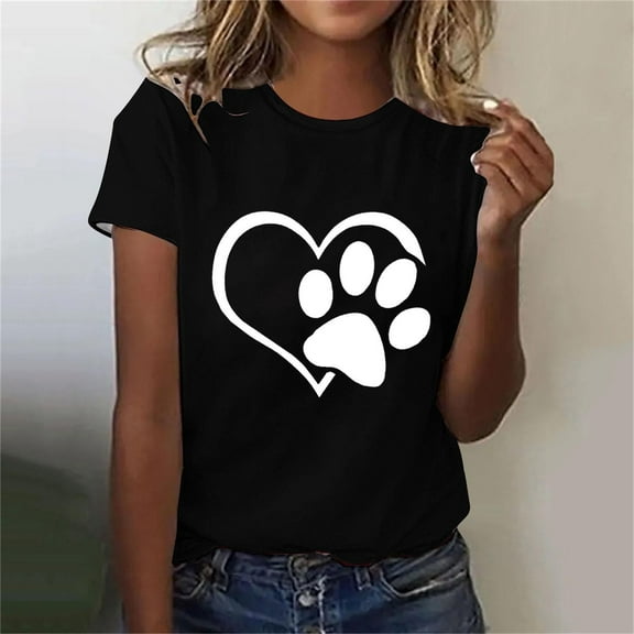 Lilgiuy National Pet Day Dog Paw Love Print Women T Shirts Casual Solid Color Short Sleeve Summer Mama Tee Tops Soft Loose Basic T-Shirts for Womens Graphic Blouse(Black,S)