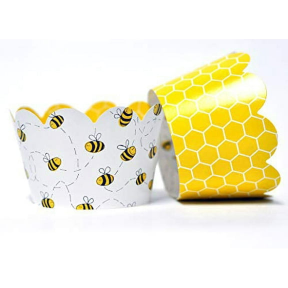 Honey Bee Cupcake Wrappers for Gender Reveal, Birthday Parties, Bridal Showers, Baby Showers, or Backyard Summer gatherings. Set of 24 Honey Bee Scalloped Cup Cake Holder Wraps. Yellow, Blac