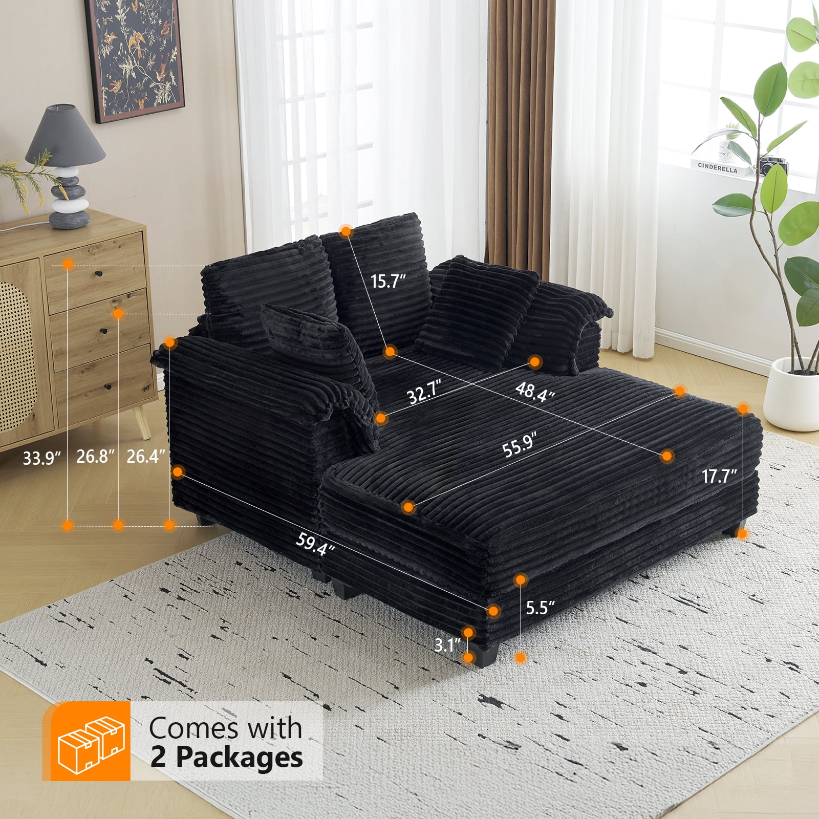 Ktaxon Corduroy Sofa Bed, Upholstered Comfy Sleeper with Pillow Arms, Lounge Chair with Lumbar Support Pillows, Ideal for Small Spaces Black