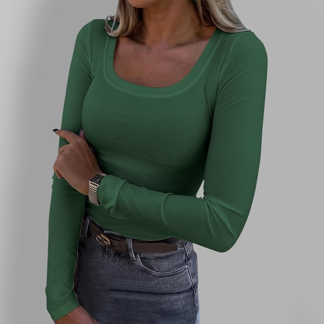 TINZ Chemises à Manches Longues pour Femmes Col Carré Ajusté Hauts Basiques Décontractés Côtelés Thermiques sous-Vêtements Tee-Shirt à Manches Longues Femmes Tee-Shirts de Course Femmes Randonnée
