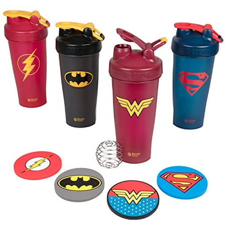 Wonder Woman Bottle Koozie DC Comics BlenderBottle and Coaster Set 4 Pack with Justice League Superheros - Superman, Wonder Woman, Batman, Flash - Classic Bottle With Loop and Blenderball, 28 oz - PVC Coasters ()