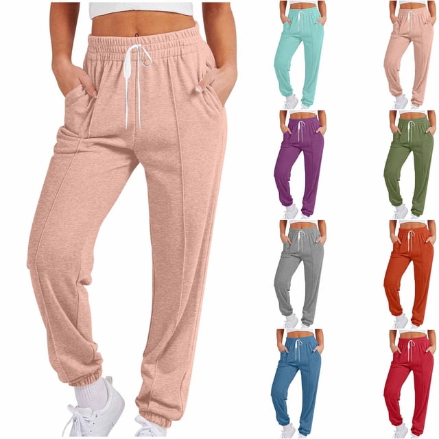 CFLVAEK Womens Pants Casual Elastic Bottom Workout Pant with Pockets Comfy Elastic Waist Drawstring Trousers Solid Color Fall Track Pants Orange M