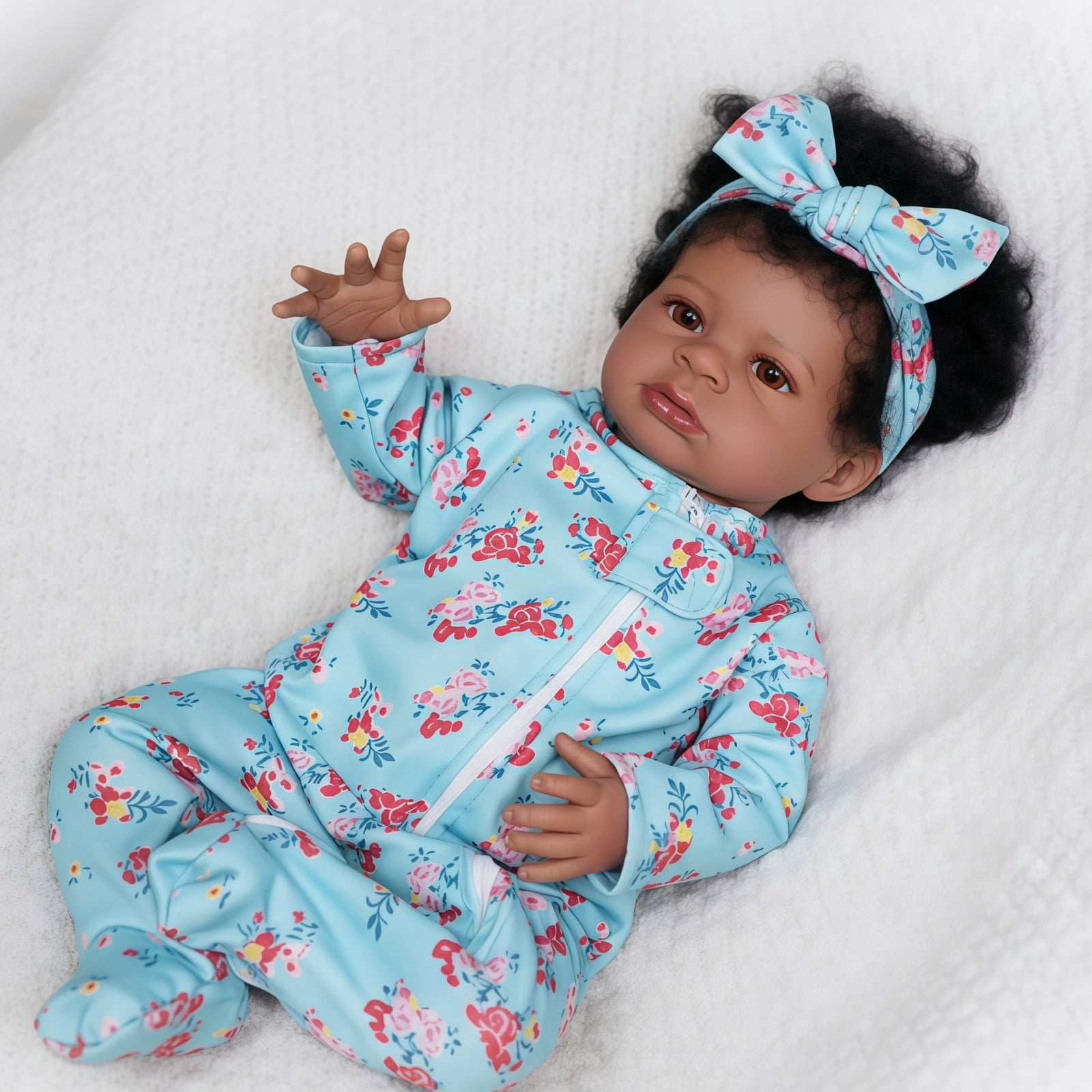 20 Inch Reborn Baby Doll Black Doll, Lifelike Baby Doll with Soft Cloth Body, Hand Rooted Curly Hair, Realistic African American Doll Toy for Kids Age 3+
