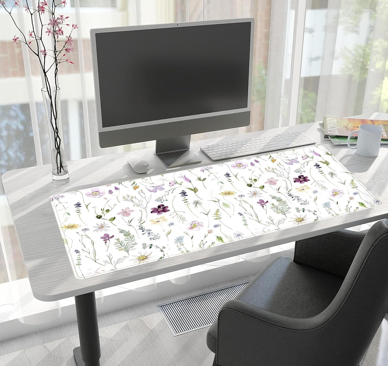 Cute Flower Mouse Pad Aesthetic Desk Mat Plants Large Extended Gaming Mousepad Floral XXL Desk Pad Keyboard and Mouse Mat 31.5''x15.75'', Desktop Decor Protectors Mats for Women Office Girl Gamer