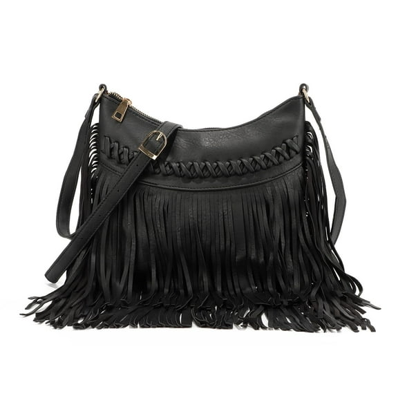 Leather Fringe Purse for Women Trendy Western Tassel Crossbody Bag Vintage Hobo Black Shoulder Messenger Bag