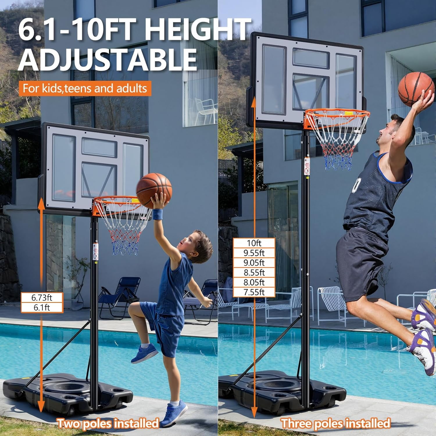 Portable Basketball Hoop Outdoor  Adjustable Height, Shatterproof Backboard/Shock Absorbent Rim, Fillable Base, for Backyard/Driveway