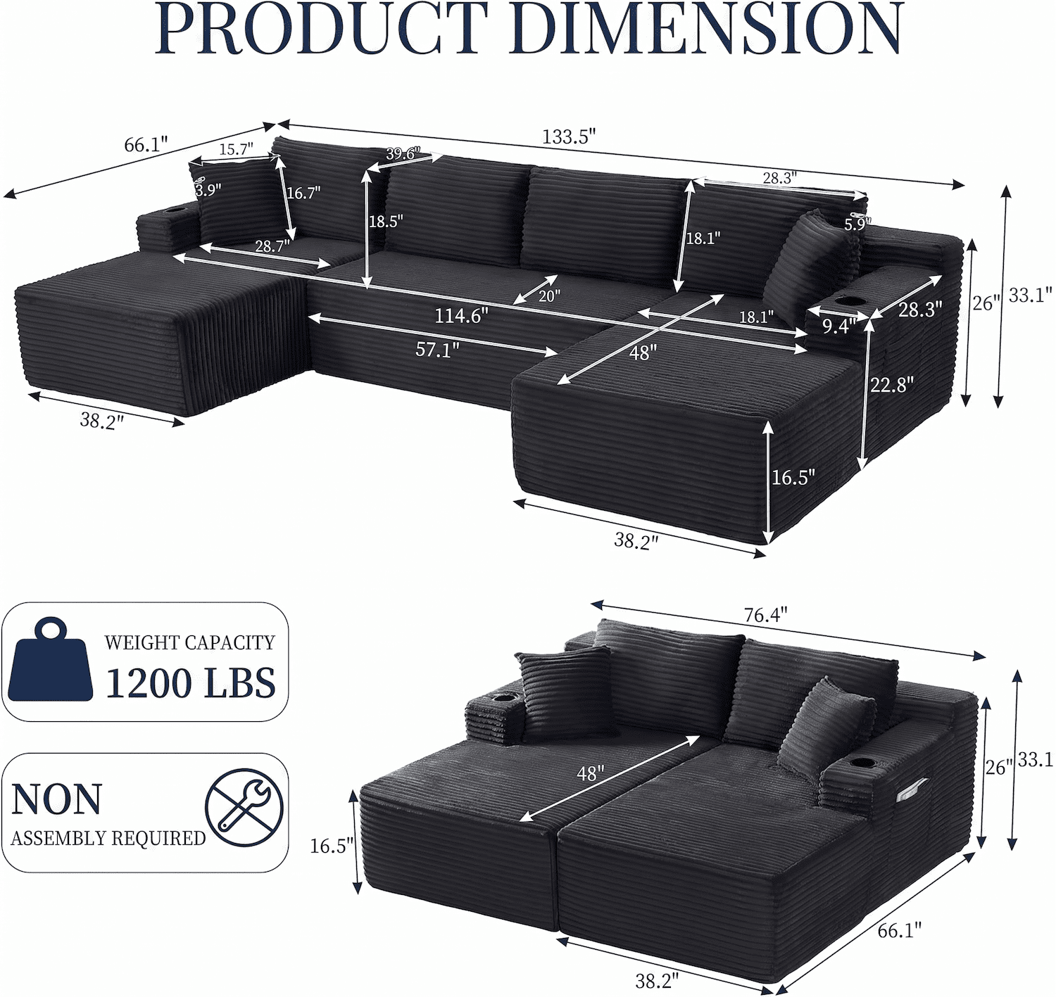 Xiweot Cloud Couch Modular Sectional Sofa for Living Room, 134" Oversized U Shaped Boneless Couch with Cup Holder & Storage Pocket, Corduroy Comfy Upholstered Deep Seat Sofa for Apartment, Dark Grey