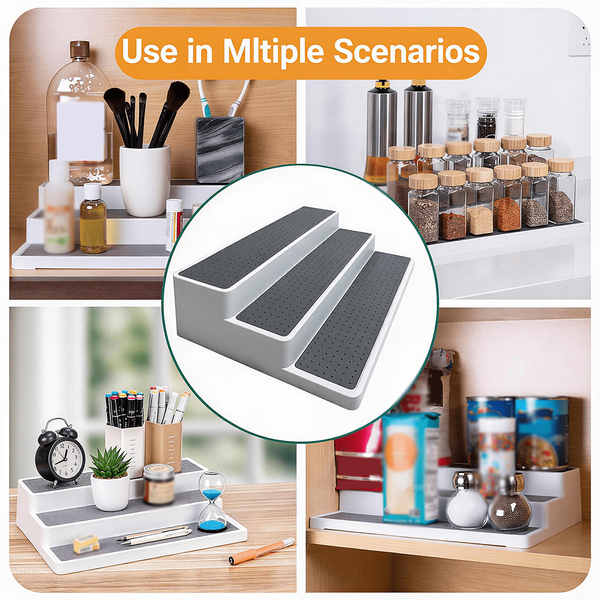 Spice Rack Organizer , 3-Tier Non-Skid Spice Rack, Spice Rack Organizer for Pantry Cabinet, Kitchen Countertop Storage Organizer, Multi-functional Countertop Storage for Kitchen Bathroom Desk