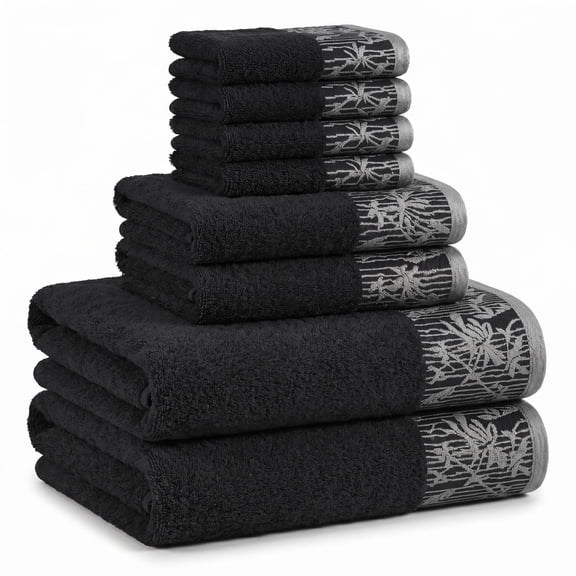 Superior Wisteria Floral Cotton 8 Piece Towel Set, Black
