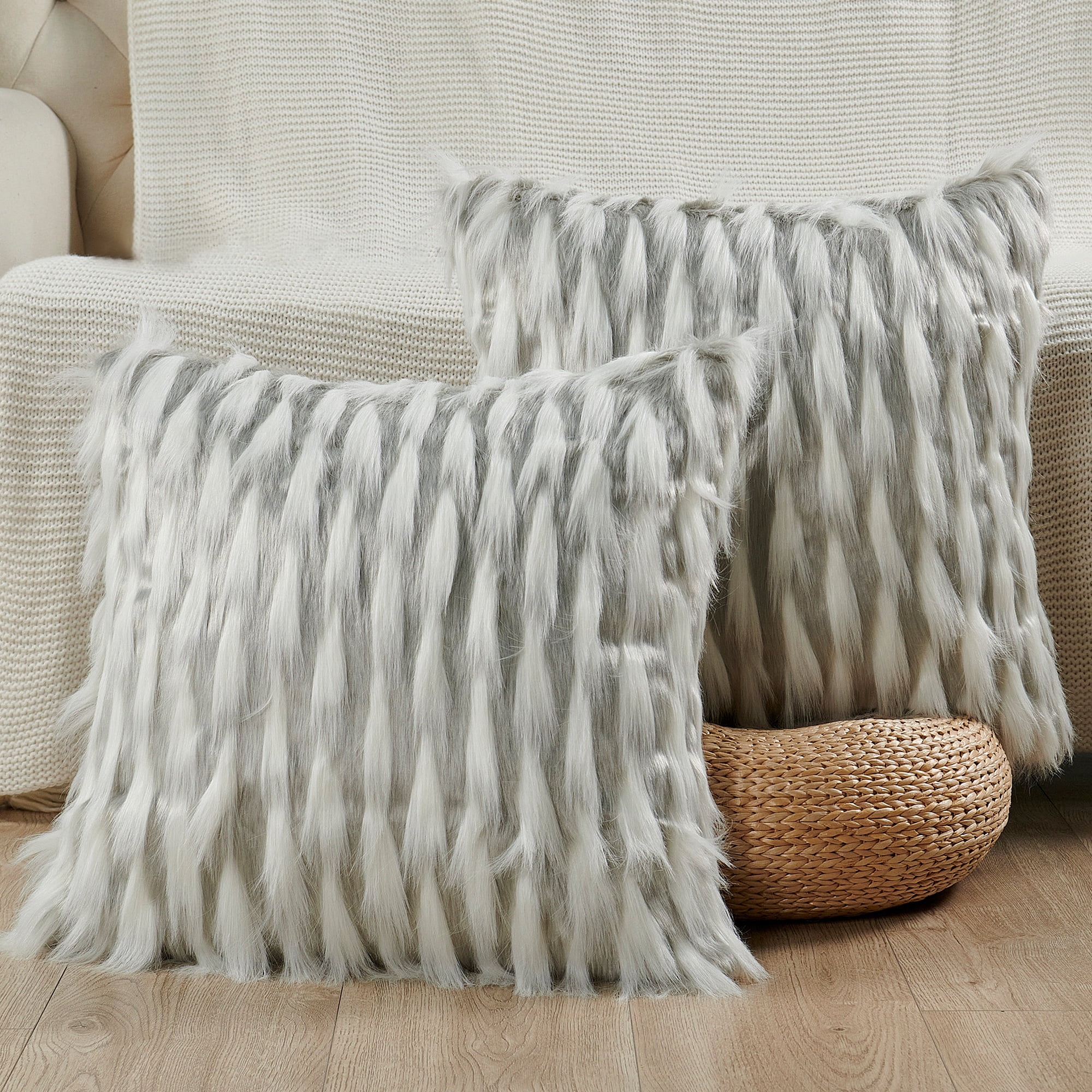 Home Soft Things Feathery Faux Fur 2 Piece Throw Pillow Cover Set - Grey - 20" x 20"