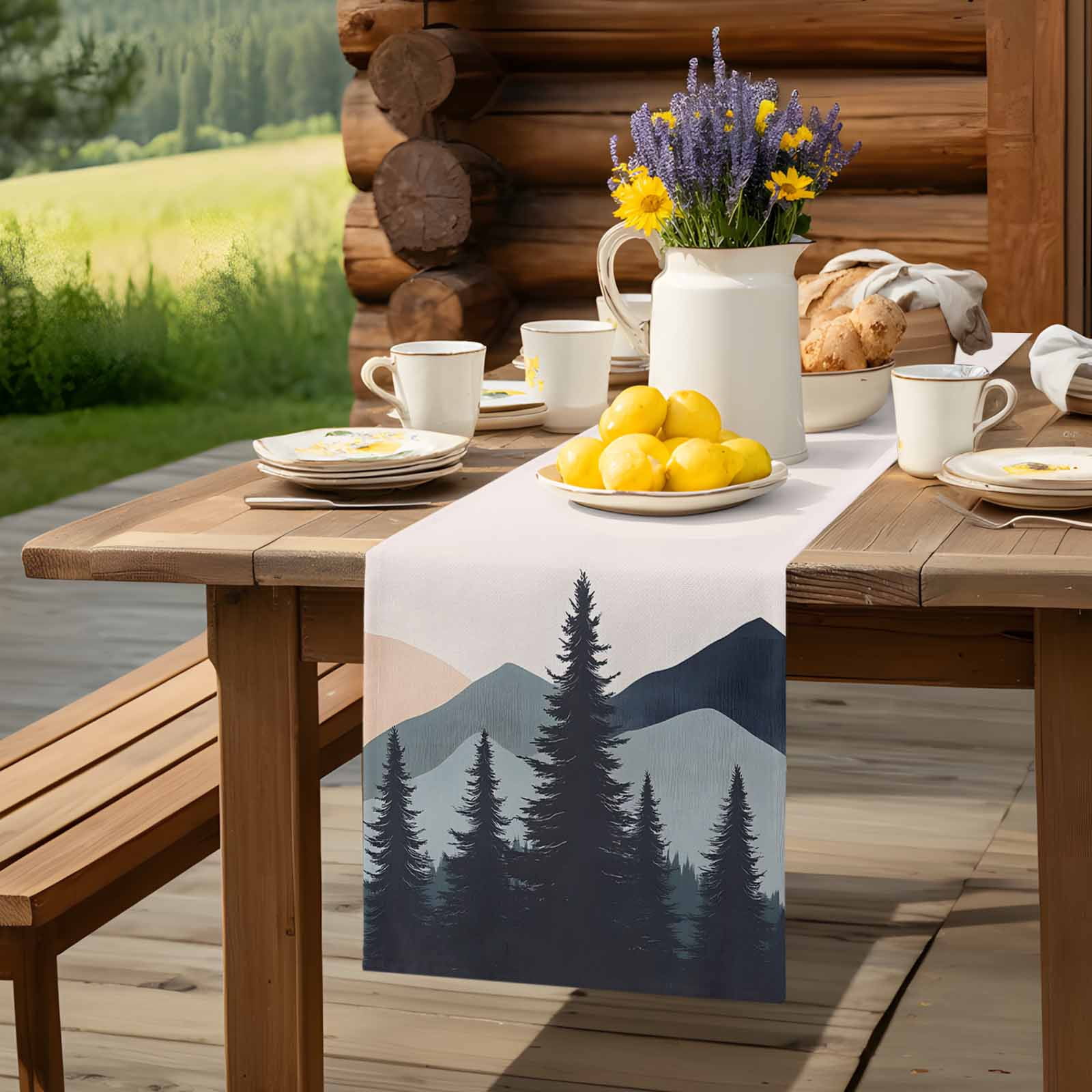 Abstract Tree Mountain Silhouette Table Runner 90 Inches Long, Modern Forest Peaks Landscape Table Runners Tabletop Scarf Kitchen Dining Tables Decoration for Home Party Indoor Outdoor