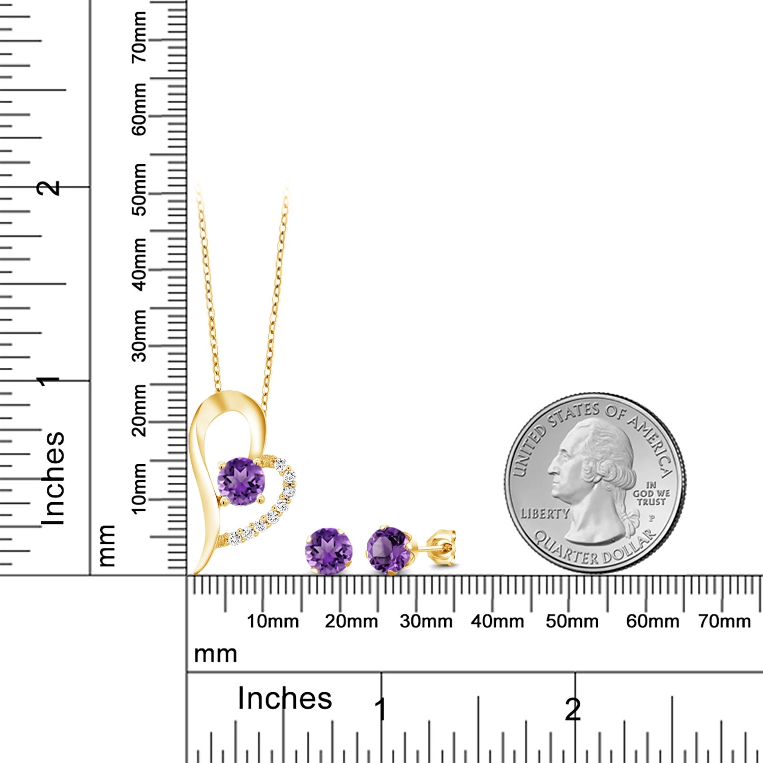 Gem Stone King 18K Yellow Gold Plated Silver Purple Amethyst Pendant and Earrings Jewelry Set for Women (3.32 Cttw, Gemstone February Birthstone, Round 6MM)