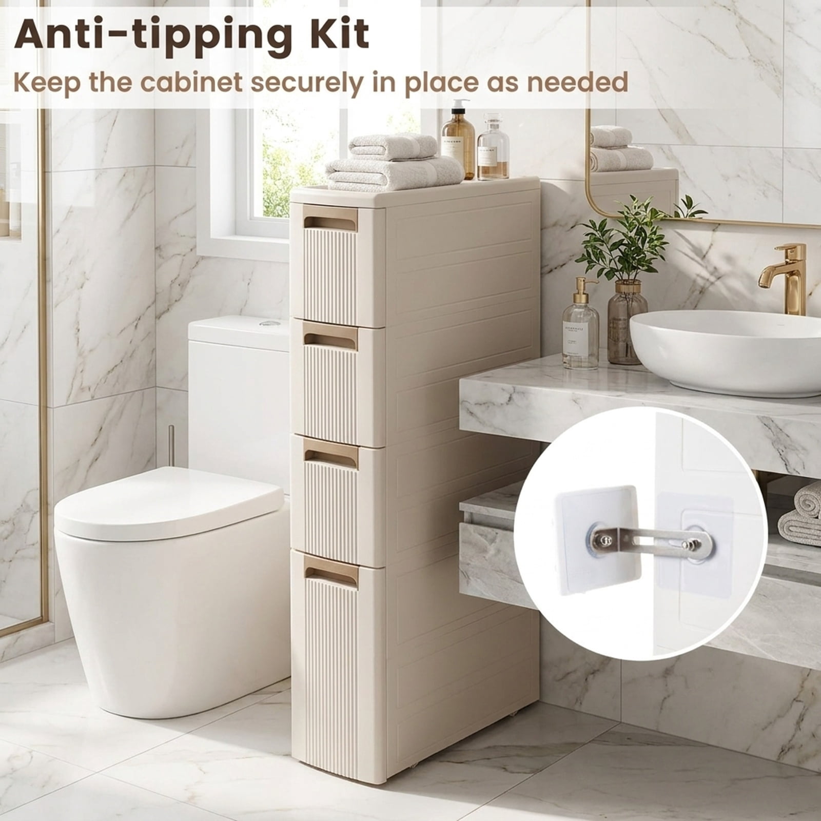 Vebreda Freestanding Bathroom Storage Cabinet, Narrow Storage Cabinet with Drawers and Removable Dividers, Multi-Layered Storage