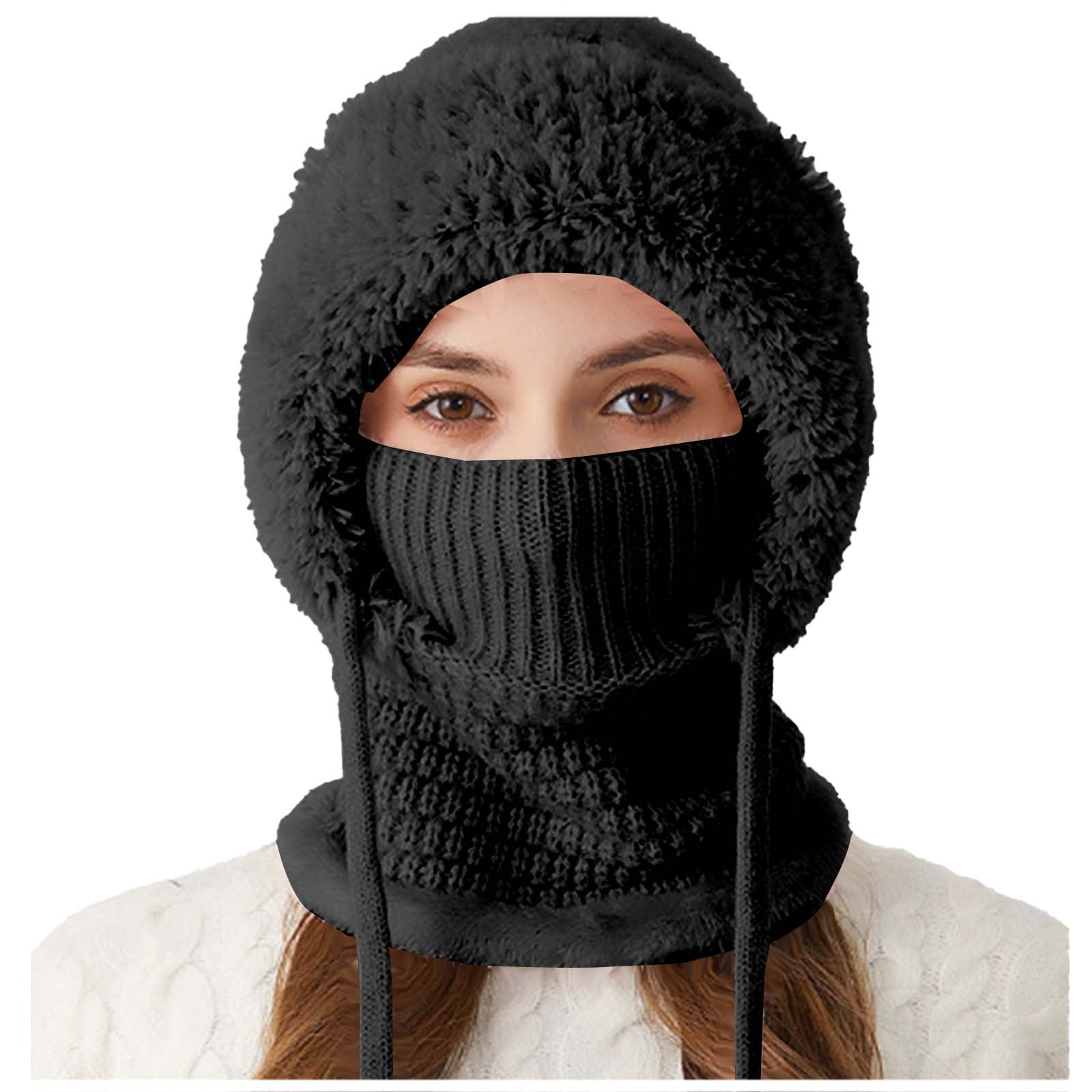 Nsxcdh Knit Beanie Hat for Women,with Fuzzy Sherpa Trim Integrated Face Cover Neck Warmer Thick Windproof Winter Hat for Outdoor