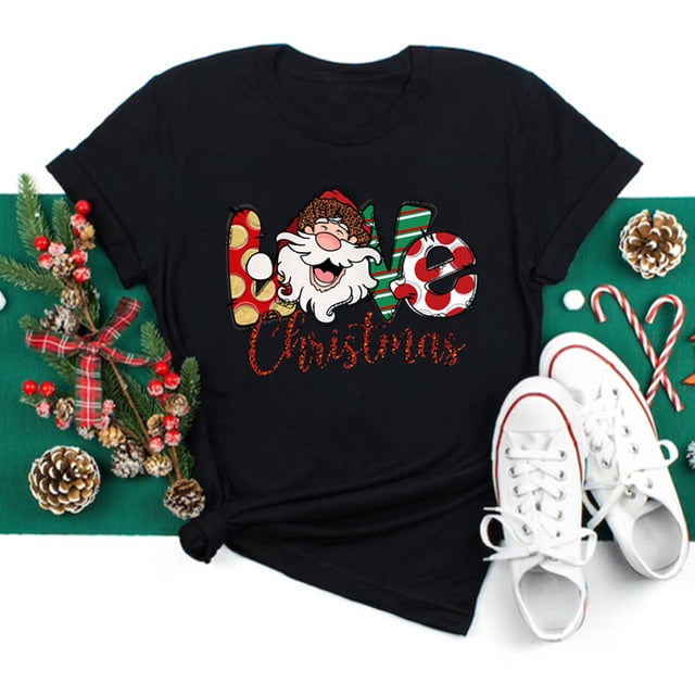 Ropa de Navidad divertida para mujer, camisetas con estampado de Papá Noel, Tops casuales negros para mujer, Tops de fiesta de navidad