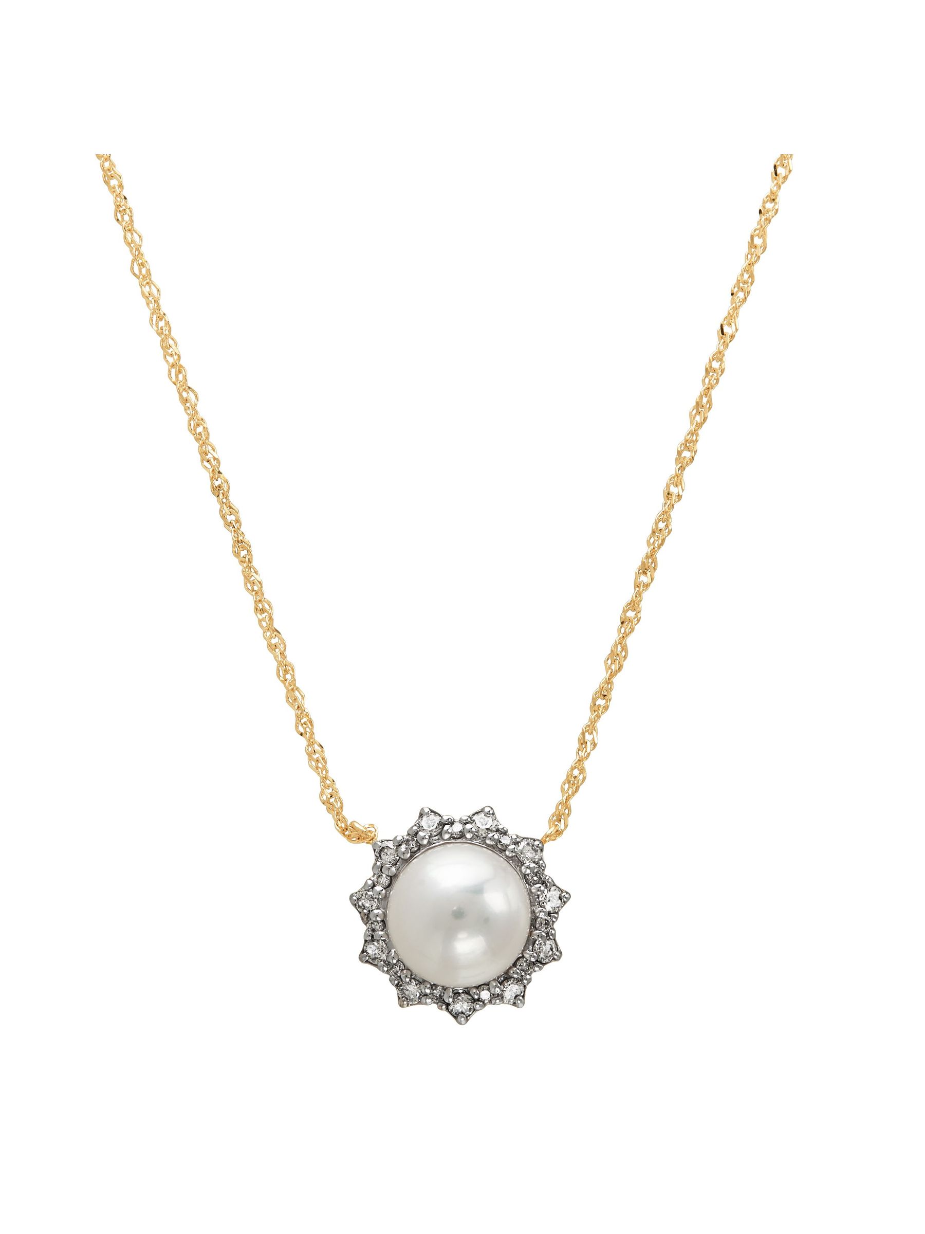 Honora 8-8.5mm Freshwater Cultured Pearl \u0026 1/4 Cttw Diamond Sunburst Pendant Necklace in 14K Yellow Gold, 18\