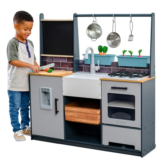 KidKraft Cuisine de Ferme en Bois à Table avec Assemblage EZ Kraft, Lumières & Sons, Machine à Glaçons et 17 Accessoires