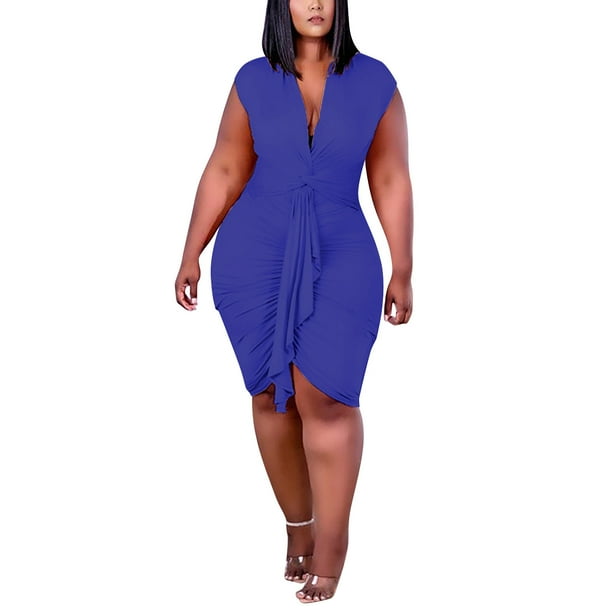 Gibobby Vestido corta de fiesta casual Vestido cruzado asimétrico con cuello en V a la moda para mujer de talla grande(Azul,XL)