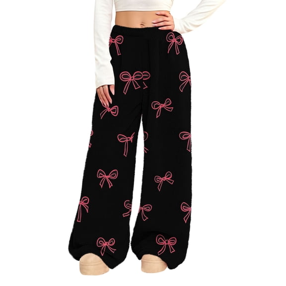 JSheng Women's Casual Sweatpants Solid Color Bow Printed Elastic Waist Plush Long Pants With Side Pockets Black L