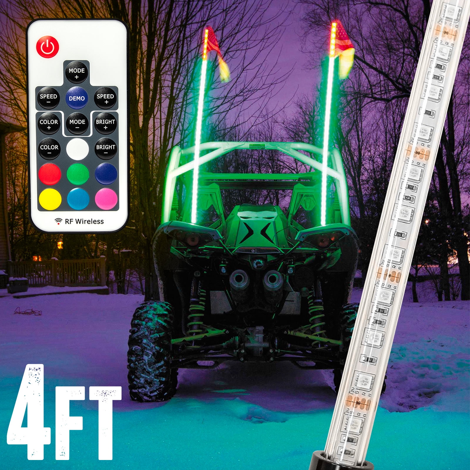Xprite 4FT Bluetooth & IR Controlled LED Whip Lights RGB Custom Colors Flag Pole w/U.S Flag for Offroad Sand Dune Buggy UTV ATV Polaris RZR 4X4 Side by Side Trophy Truck 